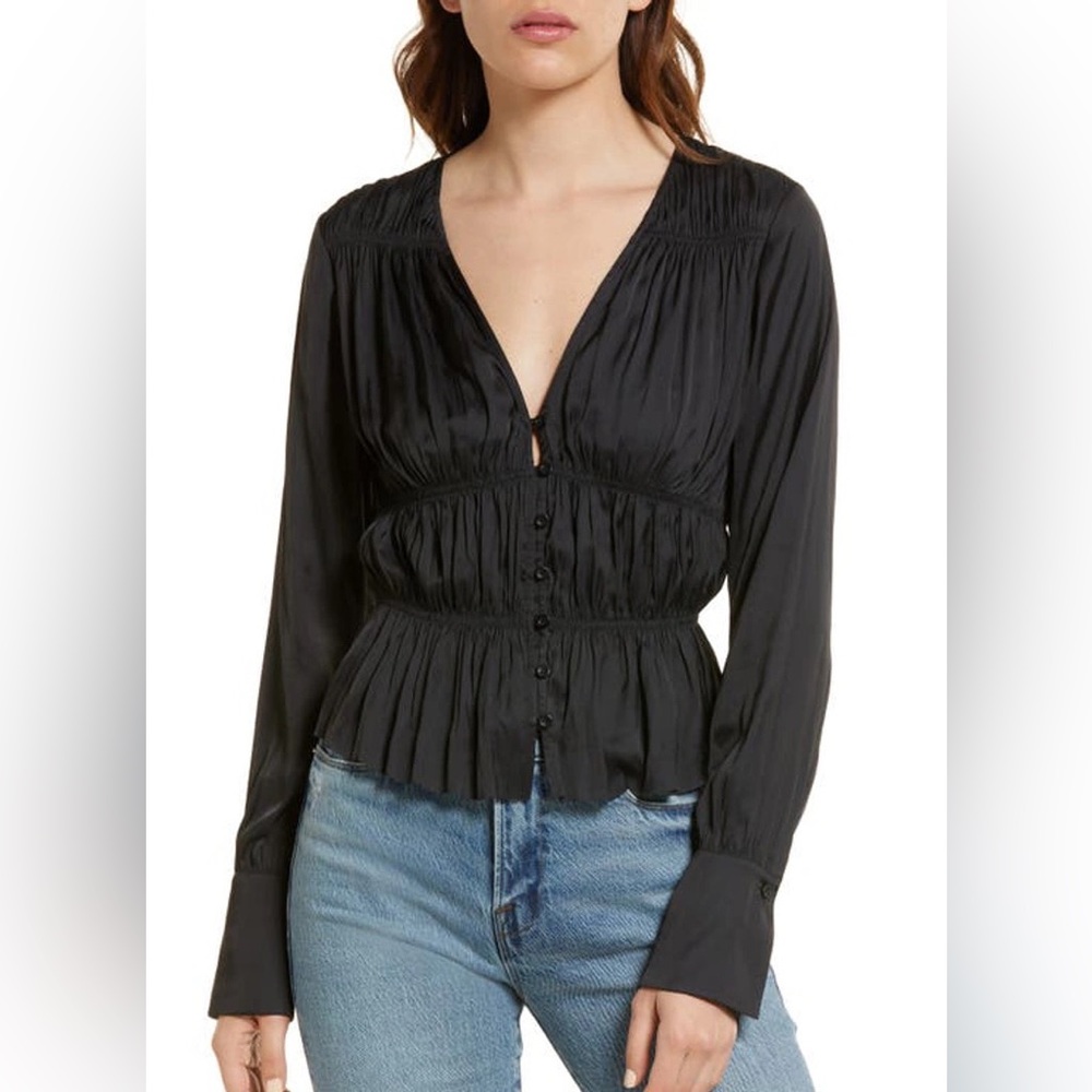 Frame Shirred Silky Top Black Size XS